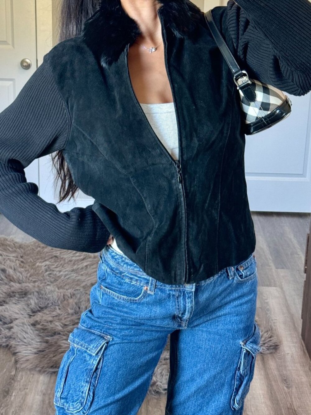 Escapade Black Suede Jacket Rabbit Fur Trim Womens Large Ribbed Moto Grunge Y2K